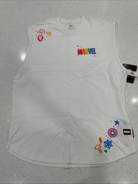 Marvel White Tank with Rainbow Logo and Superhero Icons